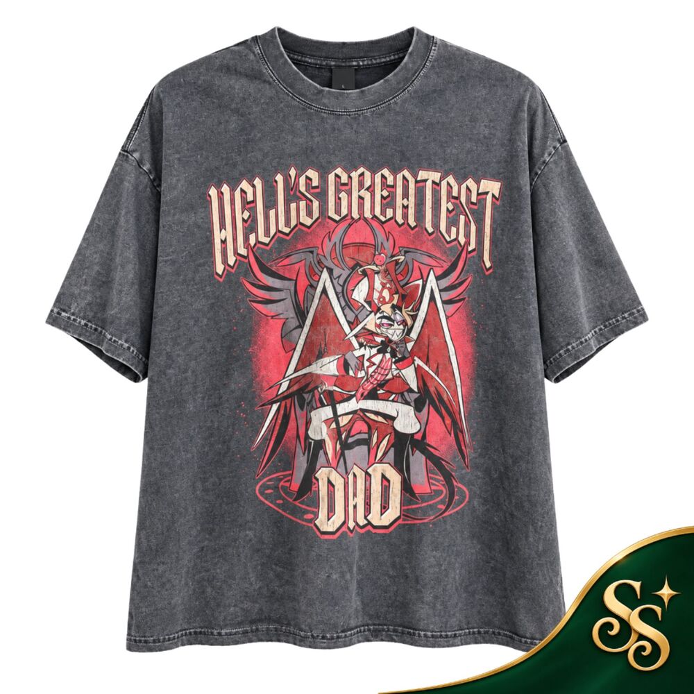 Helluva Boss Hell's Greatest Dad Graphic T-Shirt Black Acid Wash XXL